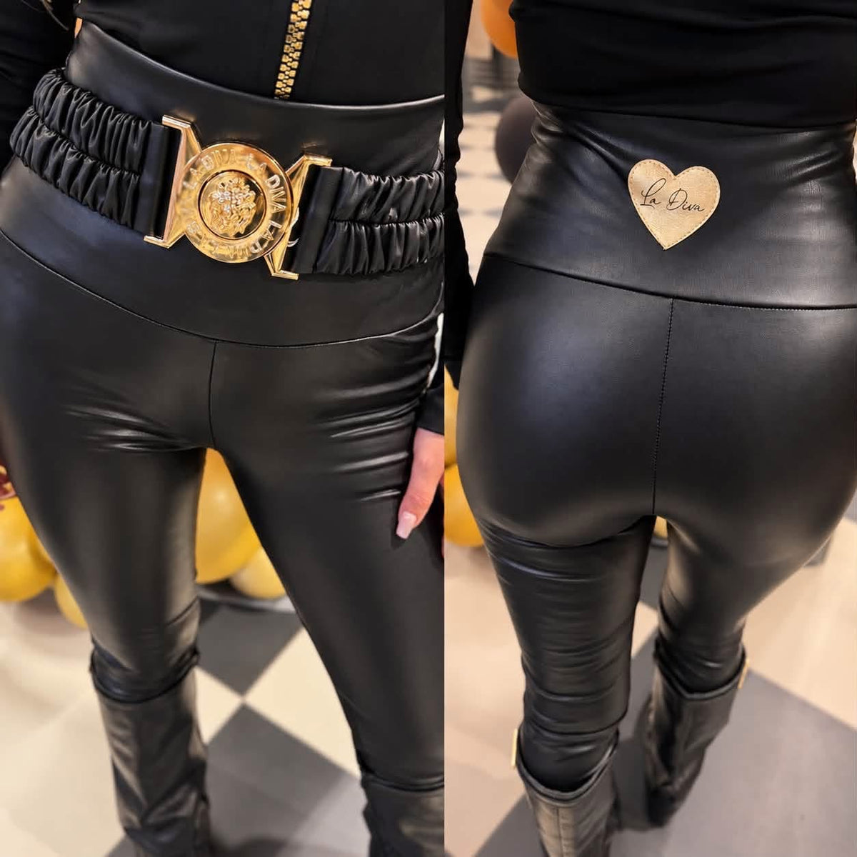 Elastische Lederoptik-Leggings mit Goldgürtel