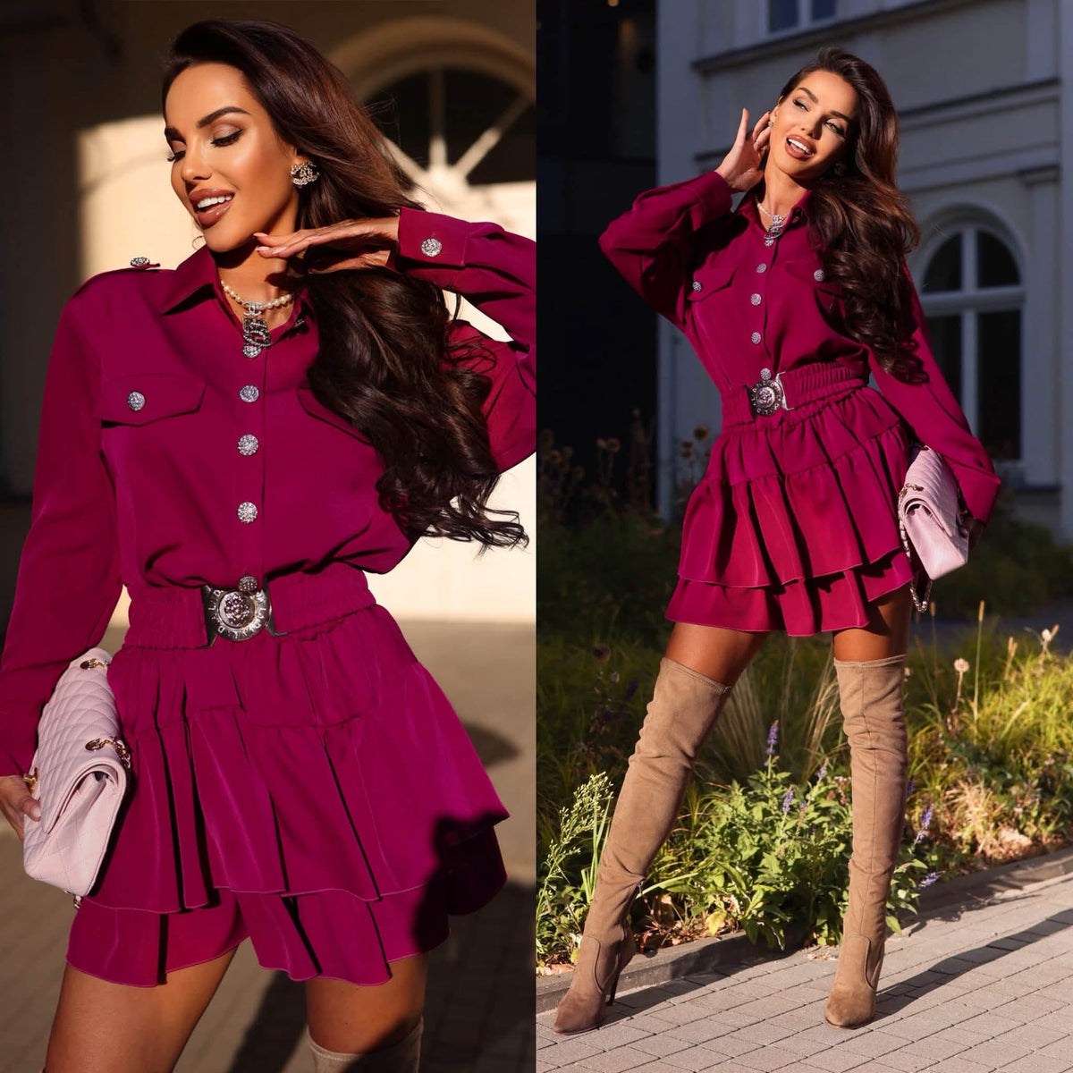 Jumpsuit in Kleideroptik mit Gürtel – Bordeaux